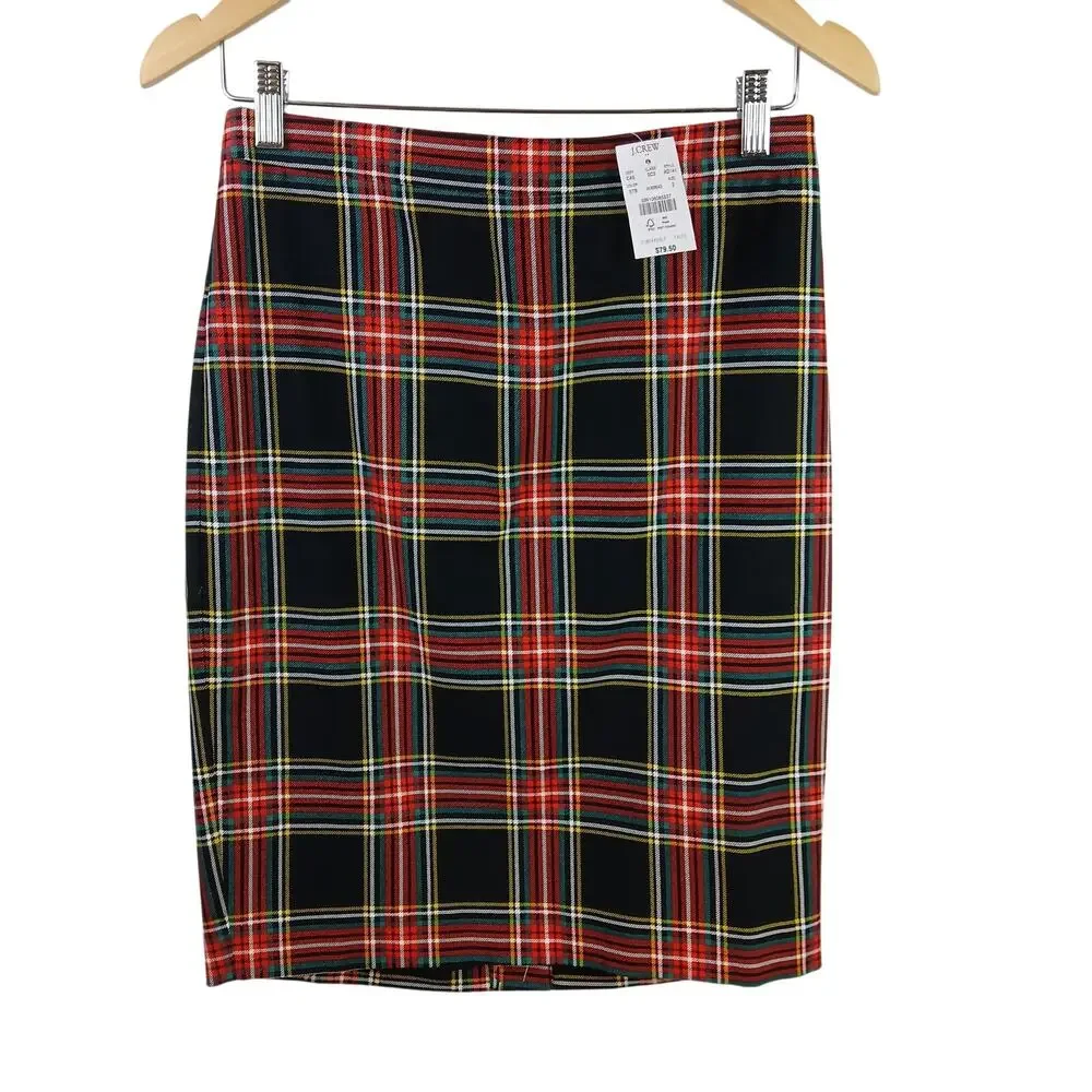 J.Crew SZ 2 Tartan Cotton Sateen Pencil Skirt In Stewart Tartan Black & Red NWT - Picture 2 of 5